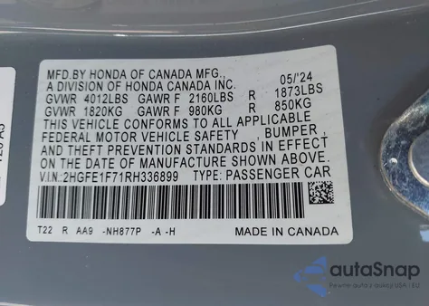 2024 Honda Civic Ex из США, поврежденный, VIN 2HGFE1F71RH336899